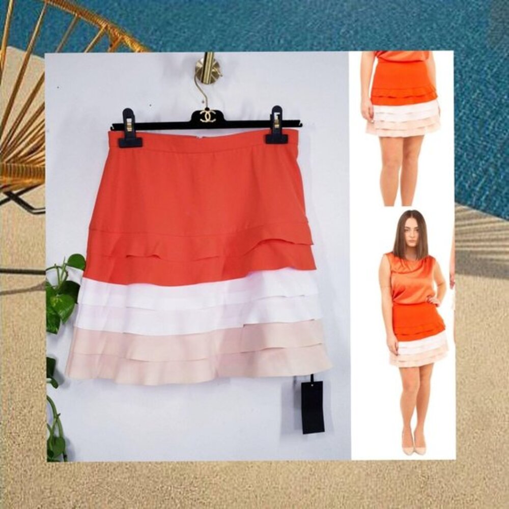 Elisabetta Franchi Skirt 44 M Orange Cream Italian Tiered Colorblock $392 NEW